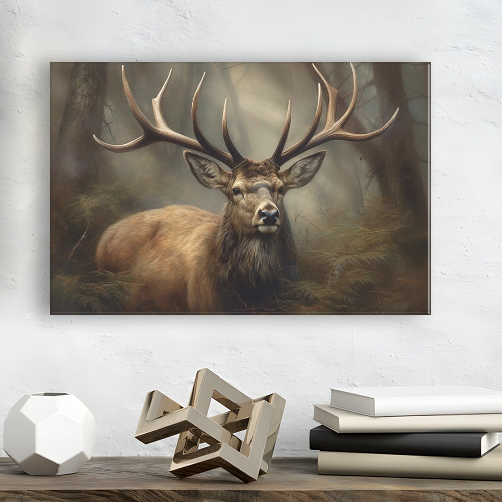 Elk With Antlers In The Forest Portrait Painting Canvas Print, Deer Farmhouse, Canvas Print Wall Art, Wall Decor, Painting Canvas