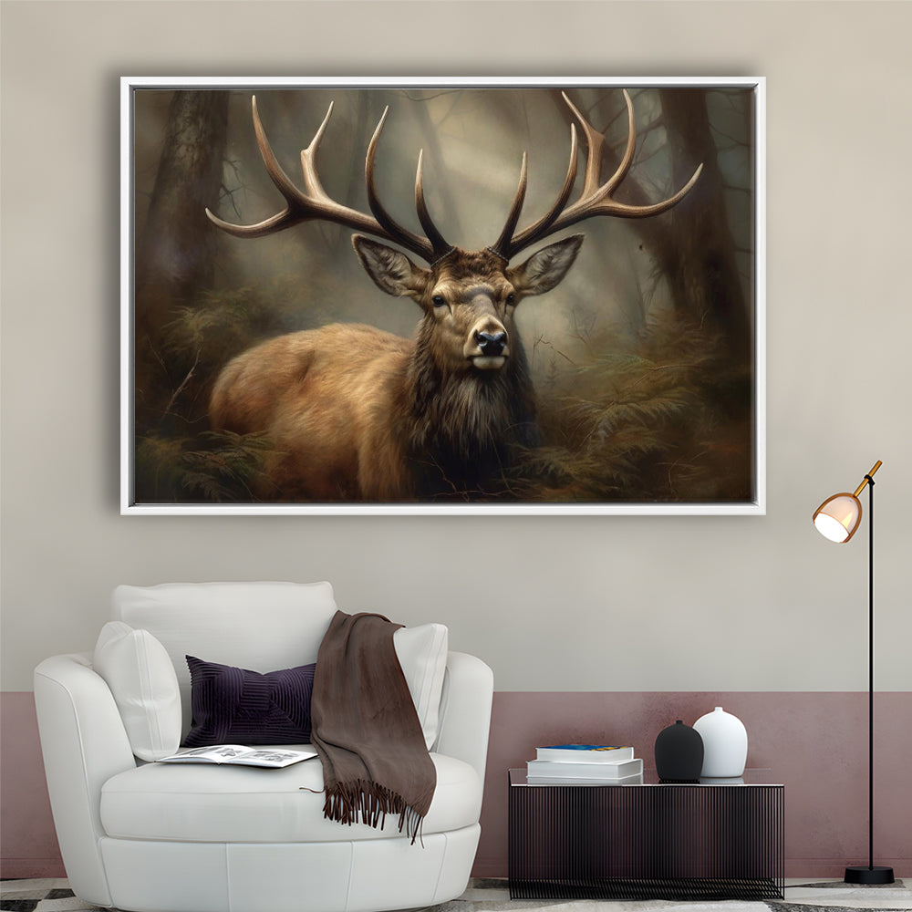 Elk With Antlers In The Forest Portrait Painting Canvas Print, Deer Farmhouse, Framed Canvas Print Wall Art, Floating Frame