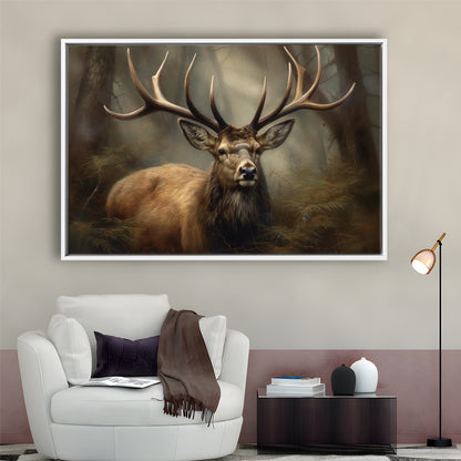 Elk With Antlers In The Forest Portrait Painting Canvas Print, Deer Farmhouse, Framed Canvas Print Wall Art, Floating Frame