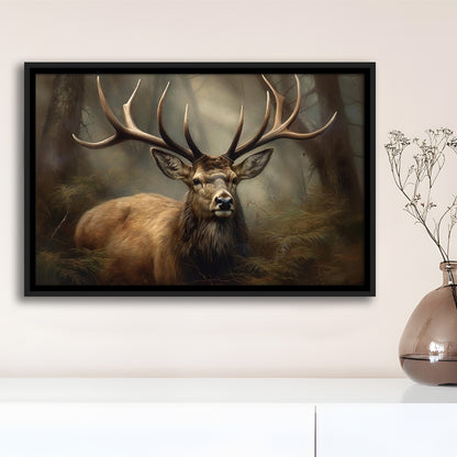 Elk With Antlers In The Forest Portrait Painting Canvas Print, Deer Farmhouse, Framed Canvas Print Wall Art, Floating Frame