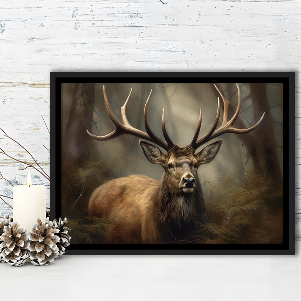 Elk With Antlers In The Forest Portrait Painting Canvas Print, Deer Farmhouse, Framed Canvas Print Wall Art, Floating Frame