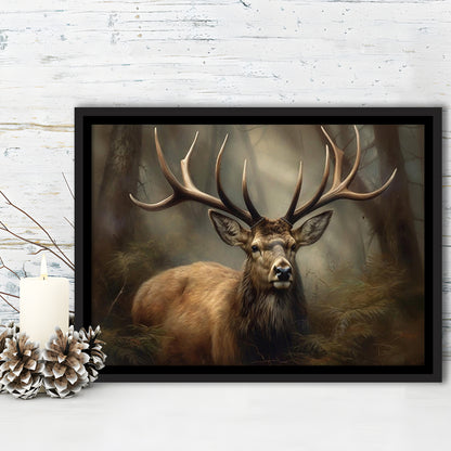 Elk With Antlers In The Forest Portrait Painting Canvas Print, Deer Farmhouse, Framed Canvas Print Wall Art, Floating Frame