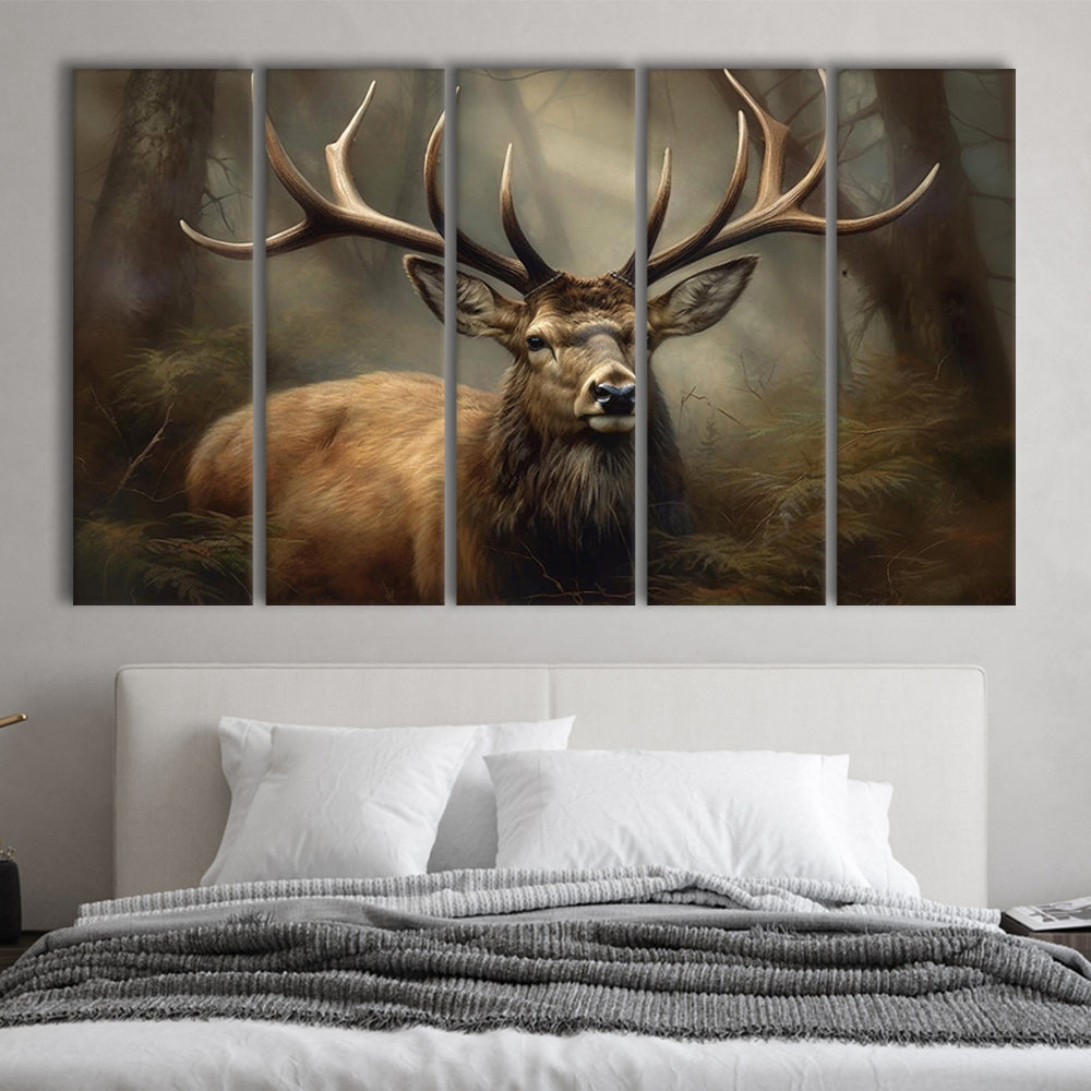 Elk With Antlers In The Forest Portrait Painting Canvas Print, Deer Farmhouse, 5 Panel B Wall Art, Extra Large Canvas