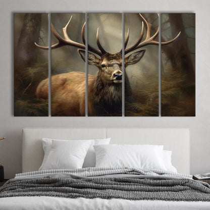 Elk With Antlers In The Forest Portrait Painting Canvas Print, Deer Farmhouse, 5 Panel B Wall Art, Extra Large Canvas