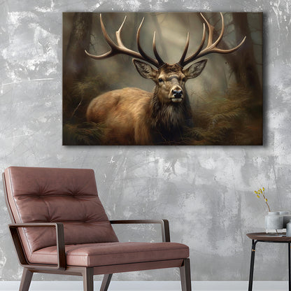 Elk With Antlers In The Forest Portrait Painting Canvas Print, Deer Farmhouse, Canvas Print Wall Art, Wall Decor, Painting Canvas