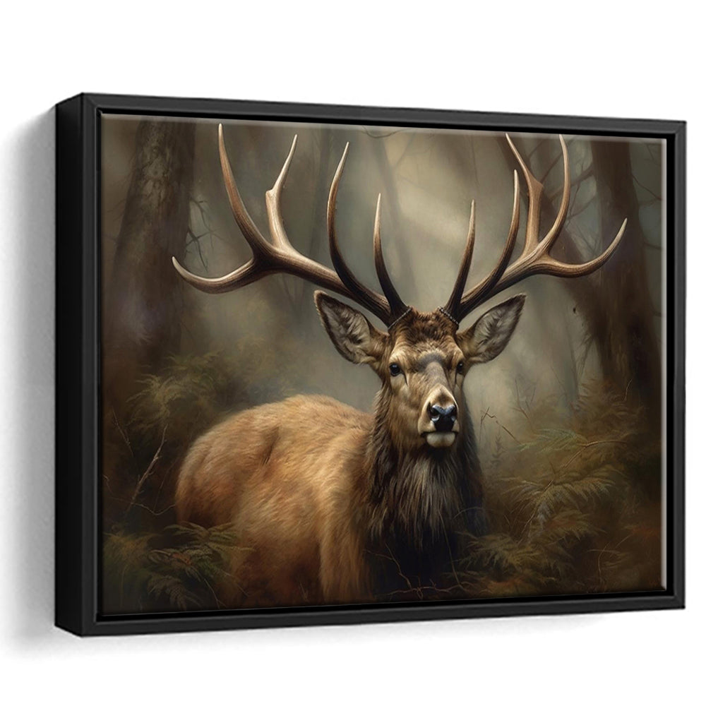 Elk With Antlers In The Forest Portrait Painting Canvas Print, Deer Farmhouse, Framed Canvas Print Wall Art, Floating Frame