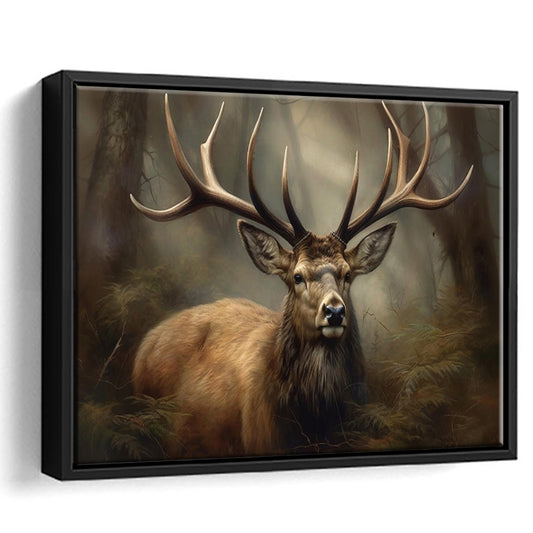 Elk With Antlers In The Forest Portrait Painting Canvas Print, Deer Farmhouse, Framed Canvas Print Wall Art, Floating Frame