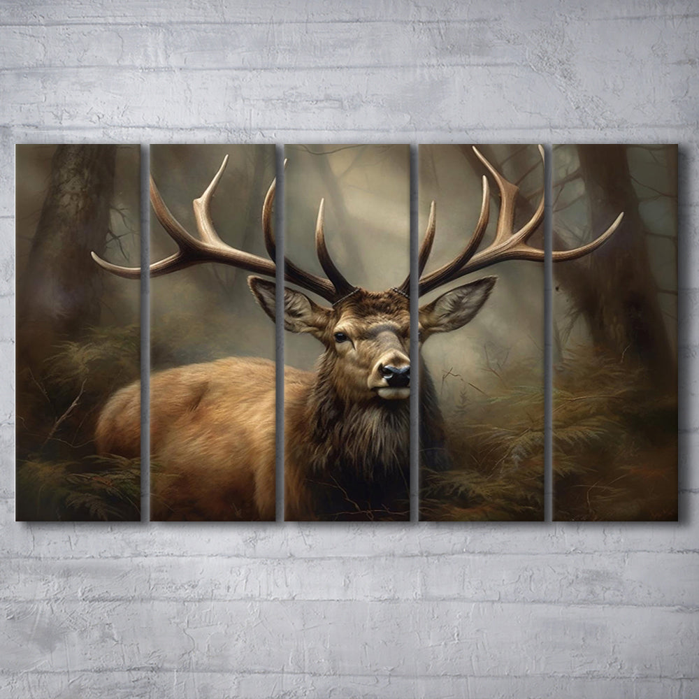 Elk With Antlers In The Forest Portrait Painting Canvas Print, Deer Farmhouse, 5 Panel B Wall Art, Extra Large Canvas