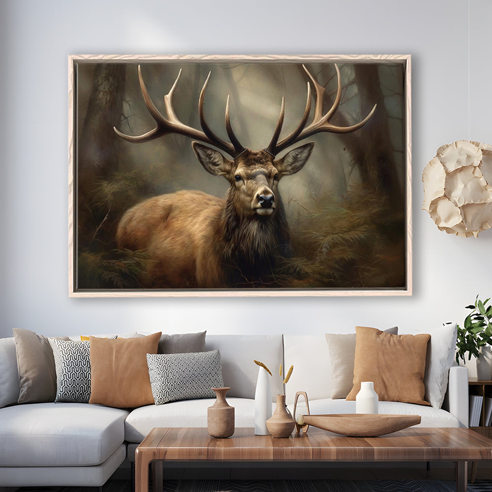 Elk With Antlers In The Forest Portrait Painting Canvas Print, Deer Farmhouse, Framed Canvas Print Wall Art, Floating Frame