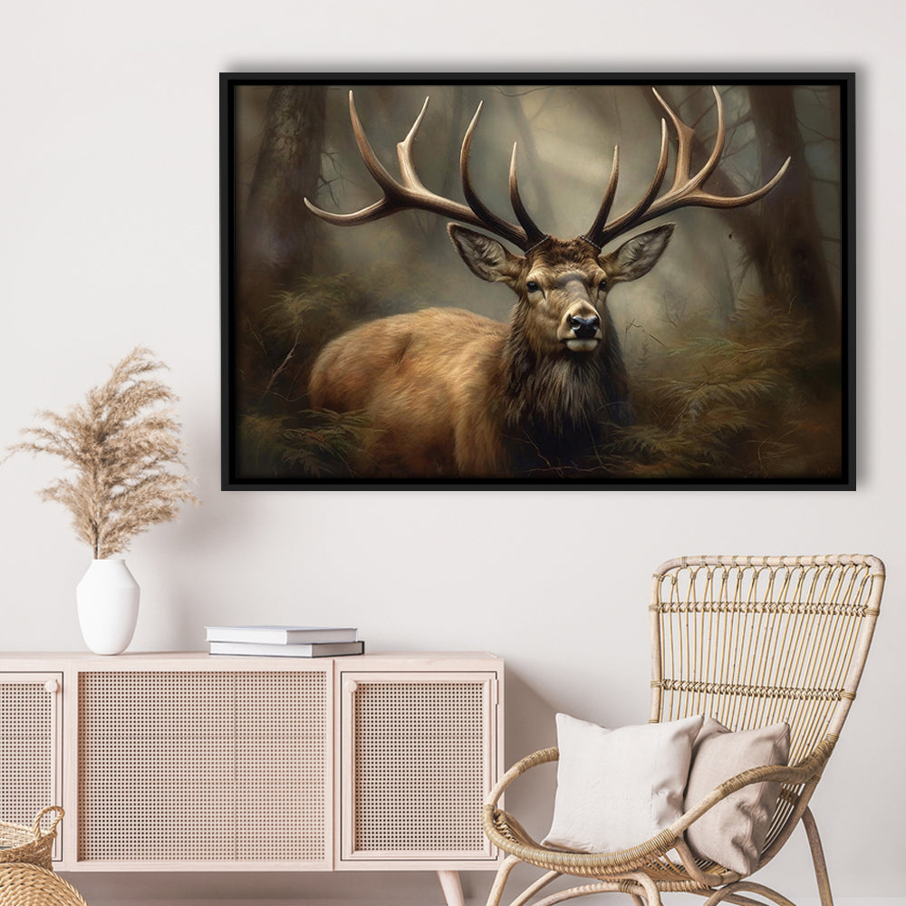 Elk With Antlers In The Forest Portrait Painting Canvas Print, Deer Farmhouse, Framed Canvas Print Wall Art, Floating Frame