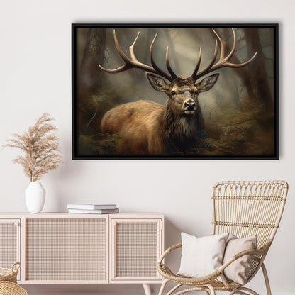 Elk With Antlers In The Forest Portrait Painting Canvas Print, Deer Farmhouse, Framed Canvas Print Wall Art, Floating Frame