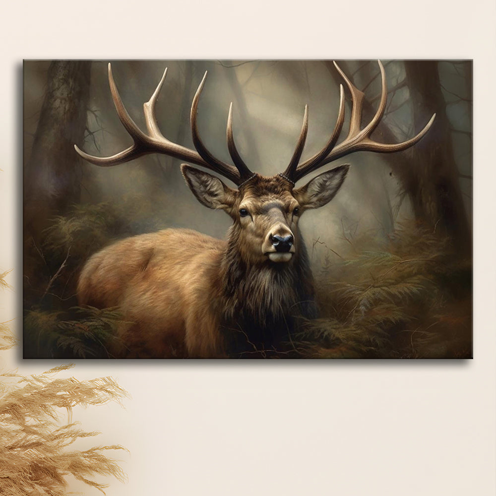 Elk With Antlers In The Forest Portrait Painting Canvas Print, Deer Farmhouse, Canvas Print Wall Art, Wall Decor, Painting Canvas