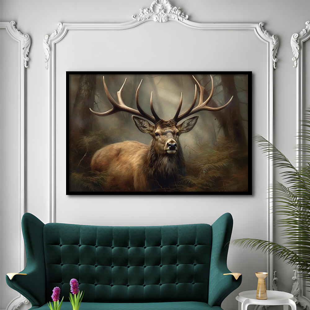 Elk With Antlers In The Forest Portrait Painting Canvas Print, Deer Farmhouse, Framed Art Print Wall Decor, Picture Framed