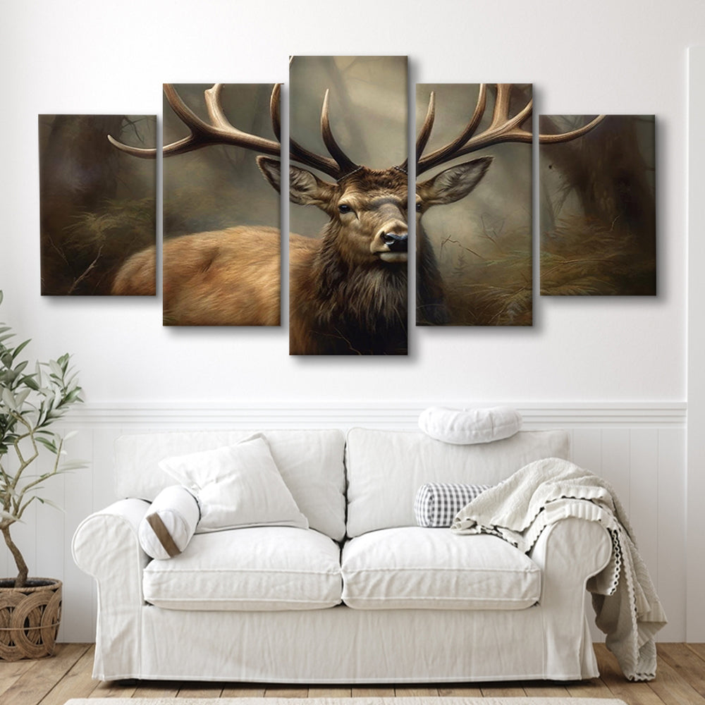 Elk With Antlers In The Forest Portrait Painting Canvas Print, Deer Farmhouse, 5 Panel Mixed Canvas Print Wall Art, Large Canvas