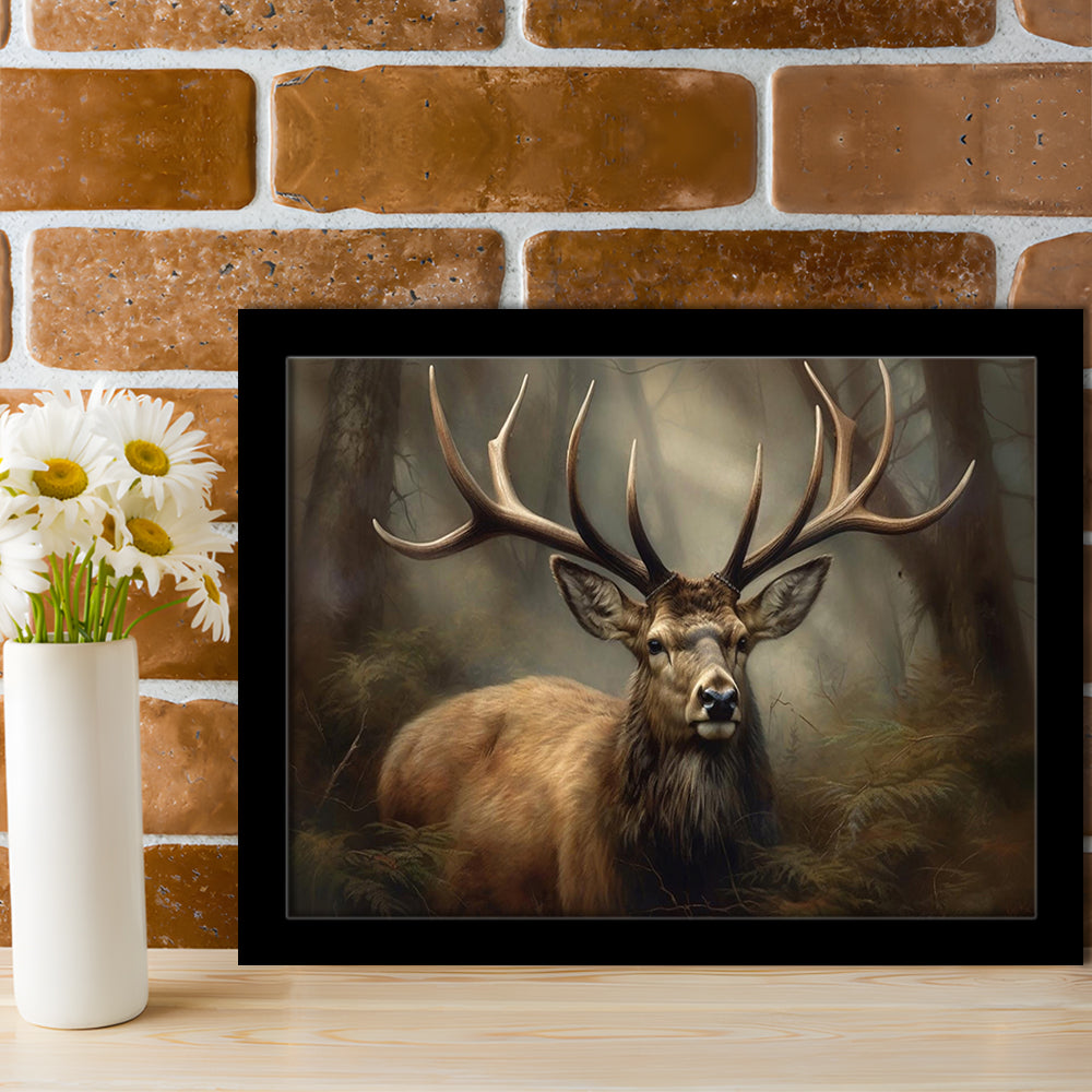 Elk With Antlers In The Forest Portrait Painting Canvas Print, Deer Farmhouse, Framed Art Print Wall Decor, Picture Framed