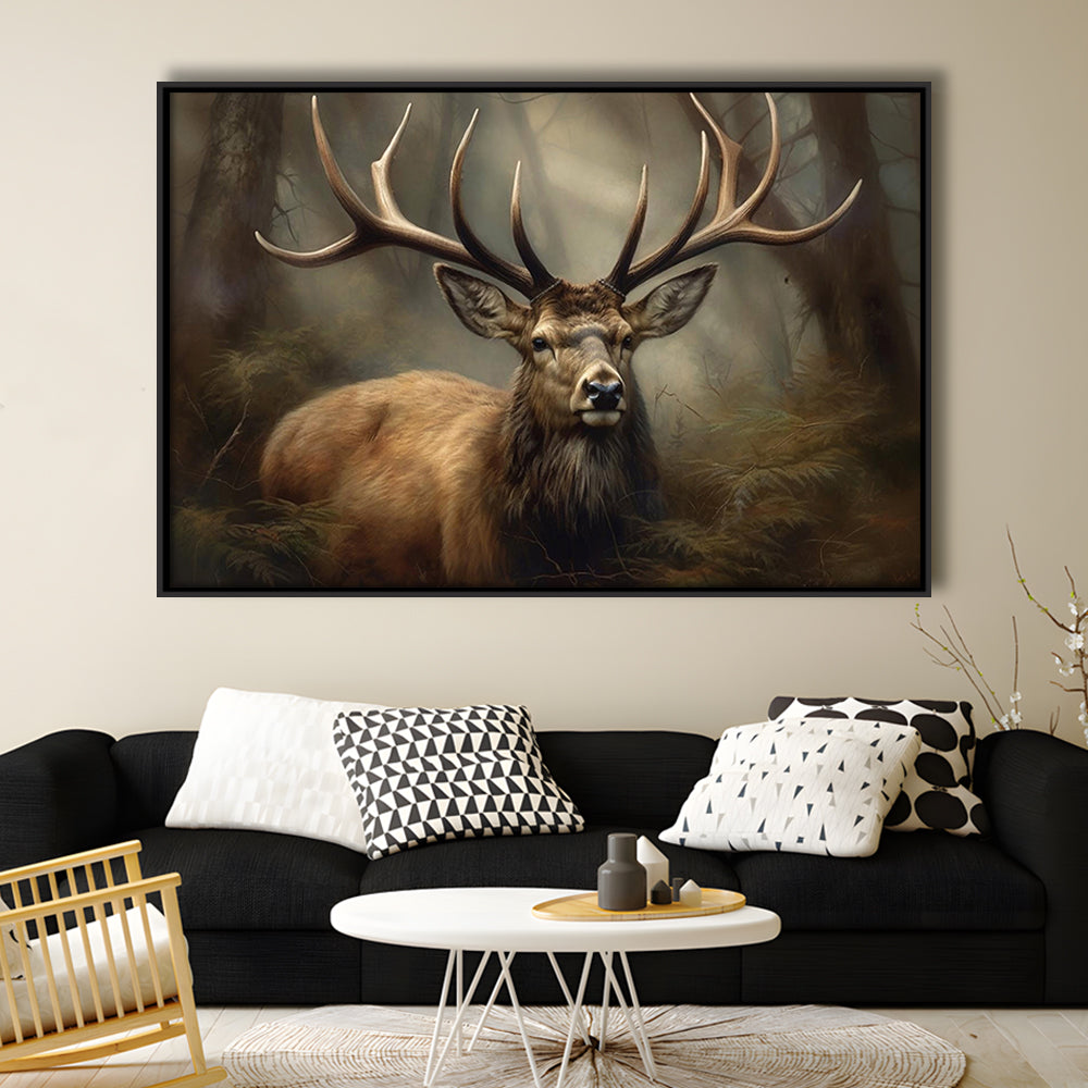 Elk With Antlers In The Forest Portrait Painting Canvas Print, Deer Farmhouse, Framed Canvas Print Wall Art, Floating Frame