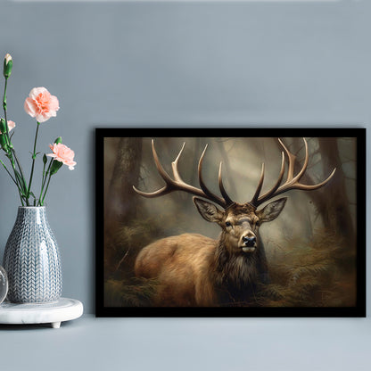 Elk With Antlers In The Forest Portrait Painting Canvas Print, Deer Farmhouse, Framed Art Print Wall Decor, Picture Framed