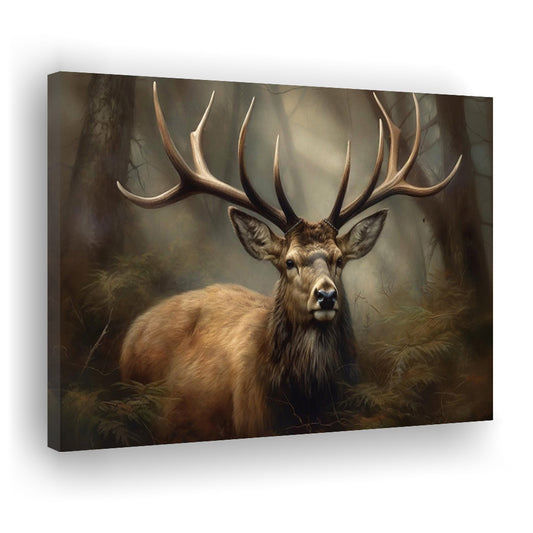 Elk With Antlers In The Forest Portrait Painting Canvas Print, Deer Farmhouse, Canvas Print Wall Art, Wall Decor, Painting Canvas