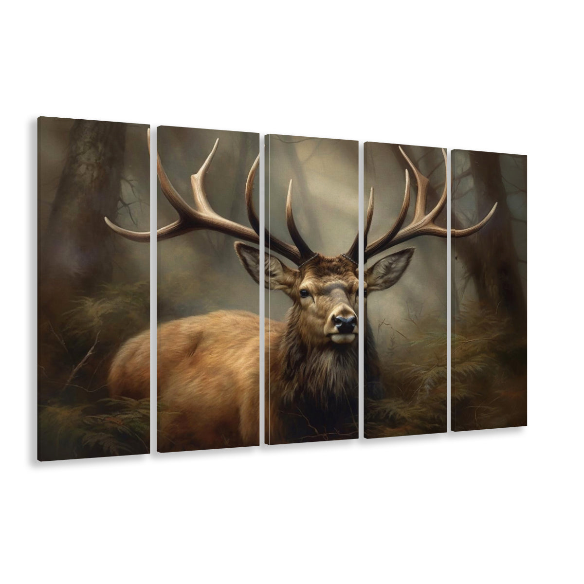 Elk With Antlers In The Forest Portrait Painting Canvas Print, Deer Farmhouse, 5 Panel B Wall Art, Extra Large Canvas