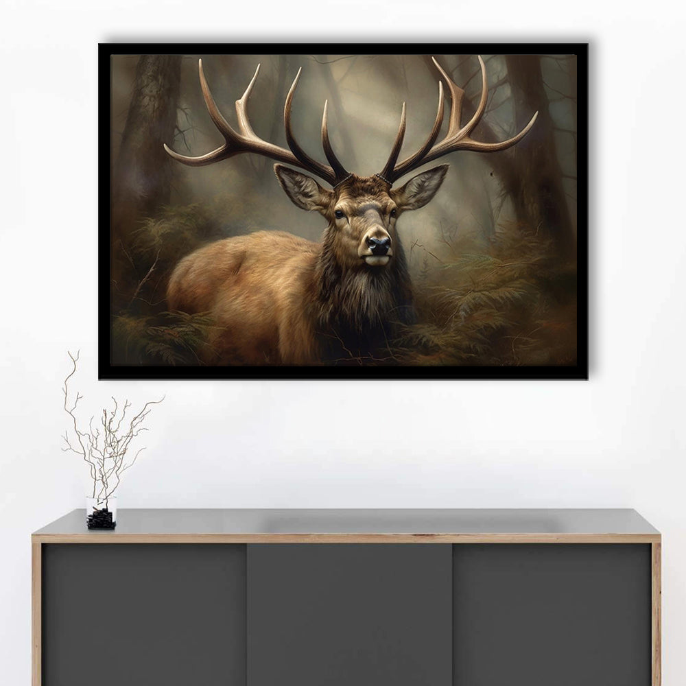 Elk With Antlers In The Forest Portrait Painting Canvas Print, Deer Farmhouse, Framed Art Print Wall Decor, Picture Framed