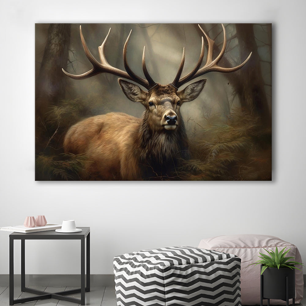 Elk With Antlers In The Forest Portrait Painting Canvas Print, Deer Farmhouse, Canvas Print Wall Art, Wall Decor, Painting Canvas