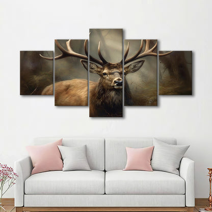 Elk With Antlers In The Forest Portrait Painting Canvas Print, Deer Farmhouse, 5 Panel Mixed Canvas Print Wall Art, Large Canvas