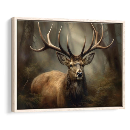 Elk With Antlers In The Forest Portrait Painting Canvas Print, Deer Farmhouse, Framed Canvas Print Wall Art, Floating Frame