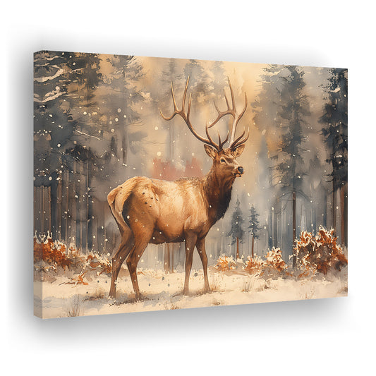 Elk With Antlers In The Winter Forest Watercolor, Hunting Art Decor, Painting Art, Canvas Print Wall Art Home Decor