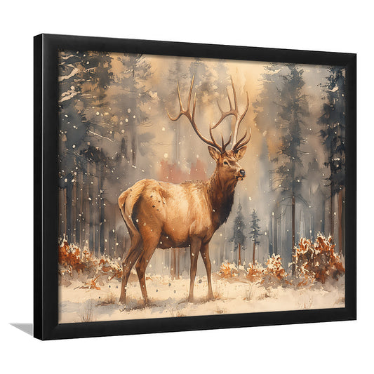 Elk With Antlers In The Winter Forest Watercolor, Hunting Art Decor, Painting Art, Framed Art Print Wall Decor, Framed Picture