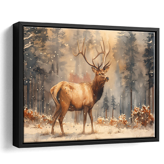 Elk With Antlers In The Winter Forest Watercolor, Hunting Art Decor, Painting Art, Floating Framed Canvas Wall Art