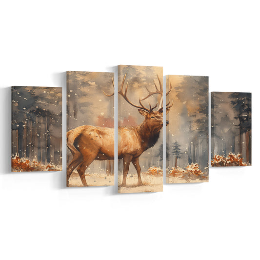 Elk With Antlers In The Winter Forest Watercolor, Hunting Art Decor, Painting Art, Mixed Panels Canvas Print Wall Art