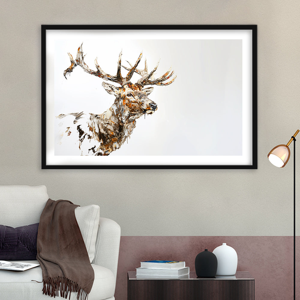 Elk With Antlers Knife Painting, Hunting Art Decor, Painting Art, Framed Art Print White Border Wall Decor