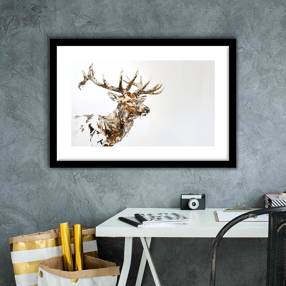 Elk With Antlers Knife Painting, Hunting Art Decor, Painting Art, Framed Art Print White Border Wall Decor