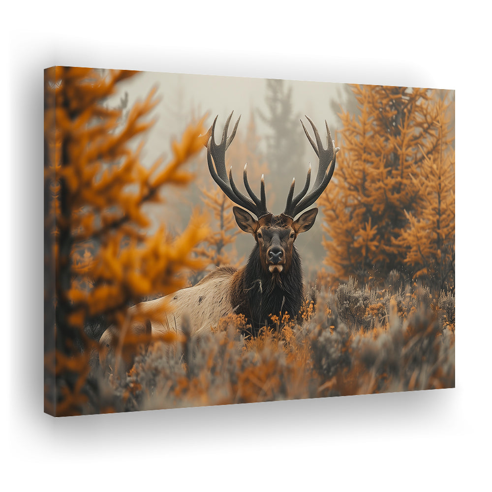 Elk With Antlers Lying In A Dense Autum, Hunting Art Decor, Painting Art, Canvas Print Wall Art Home Decor