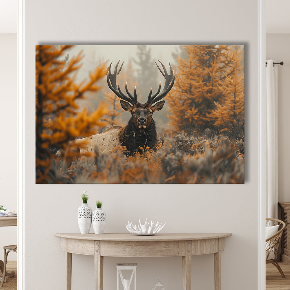 Elk With Antlers Lying In A Dense Autum, Hunting Art Decor, Painting Art, Canvas Print Wall Art Home Decor