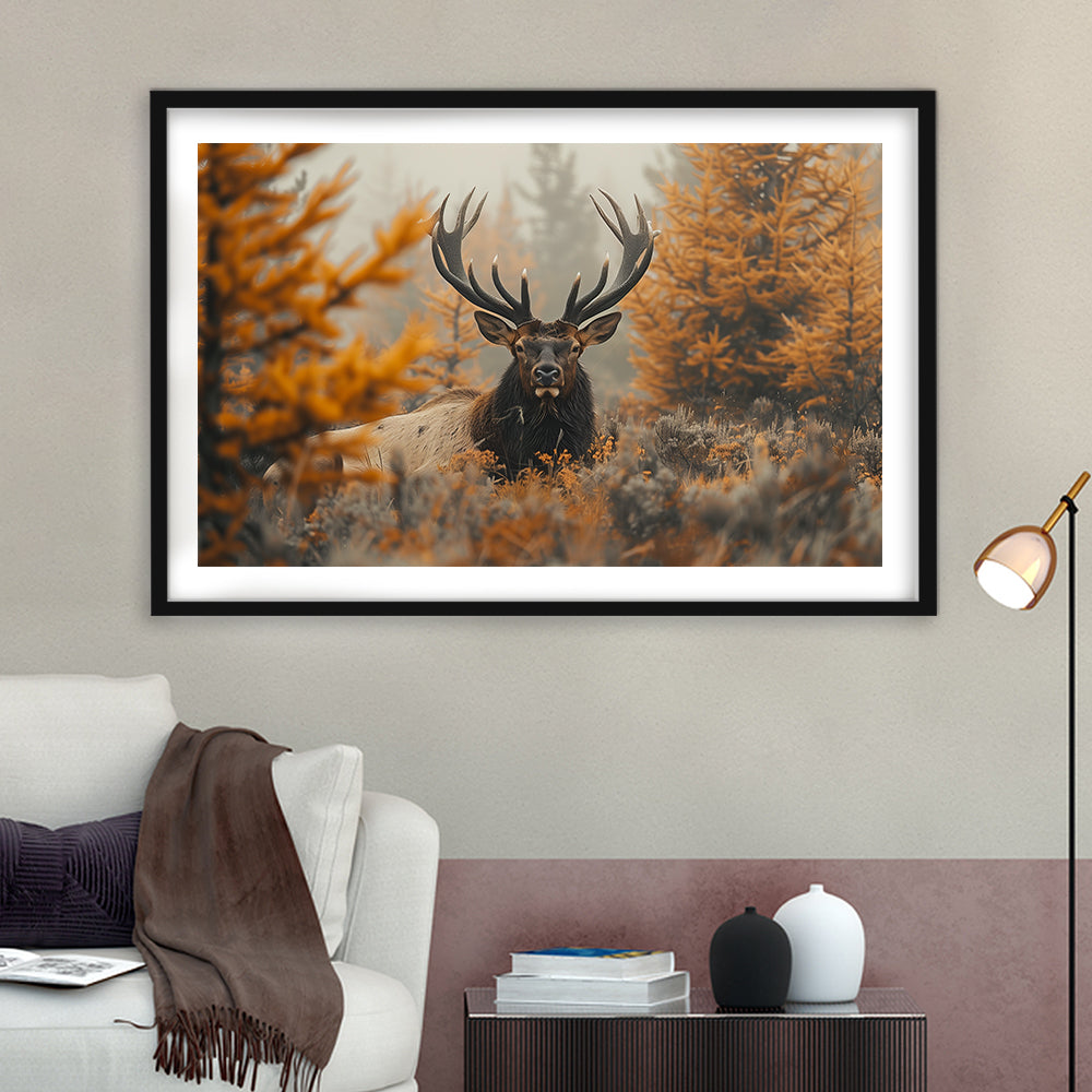 Elk With Antlers Lying In A Dense Autum, Hunting Art Decor, Painting Art, Framed Art Print White Border Wall Decor