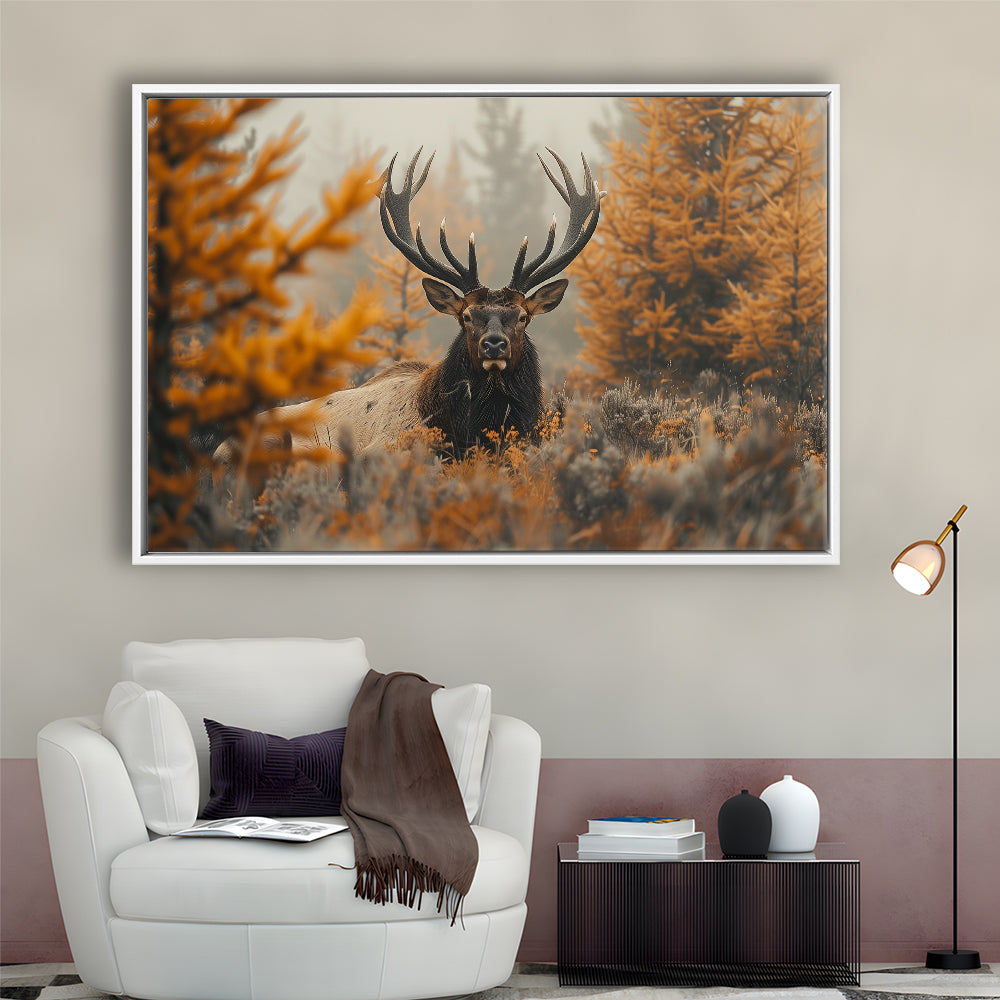 Elk With Antlers Lying In A Dense Autum, Hunting Art Decor, Painting Art, Floating Framed Canvas Print Wall Art