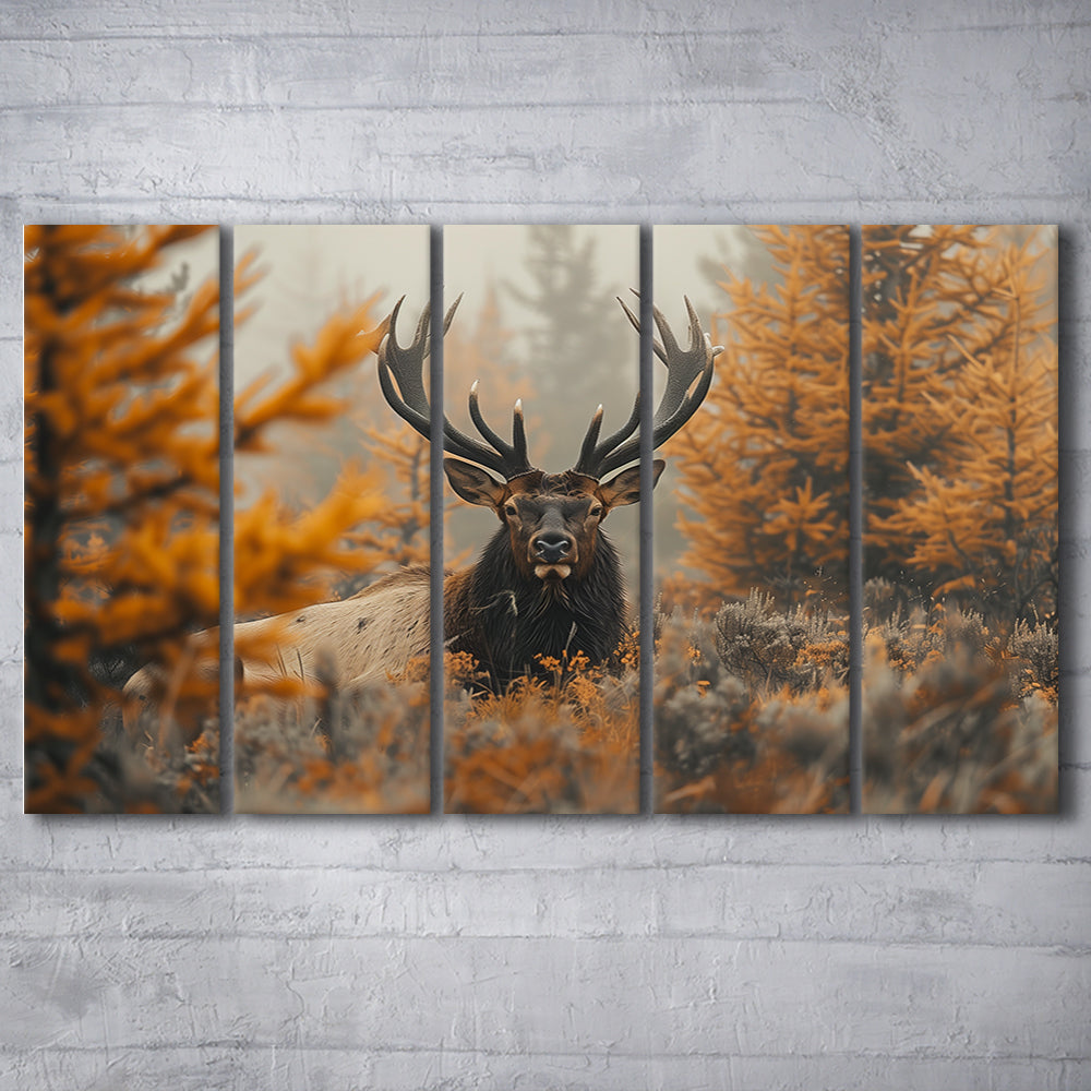 Elk With Antlers Lying In A Dense Autum, Hunting Art, Painting Art, Multi Panels Canvas Print Wall Art