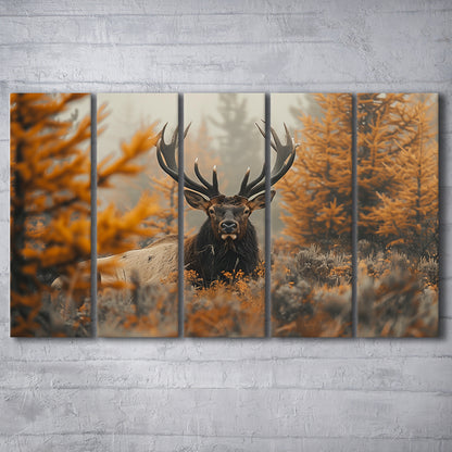 Elk With Antlers Lying In A Dense Autum, Hunting Art, Painting Art, Multi Panels Canvas Print Wall Art