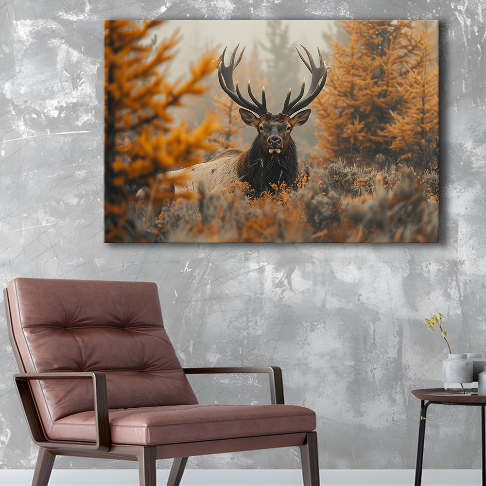 Elk With Antlers Lying In A Dense Autum, Hunting Art Decor, Painting Art, Canvas Print Wall Art Home Decor