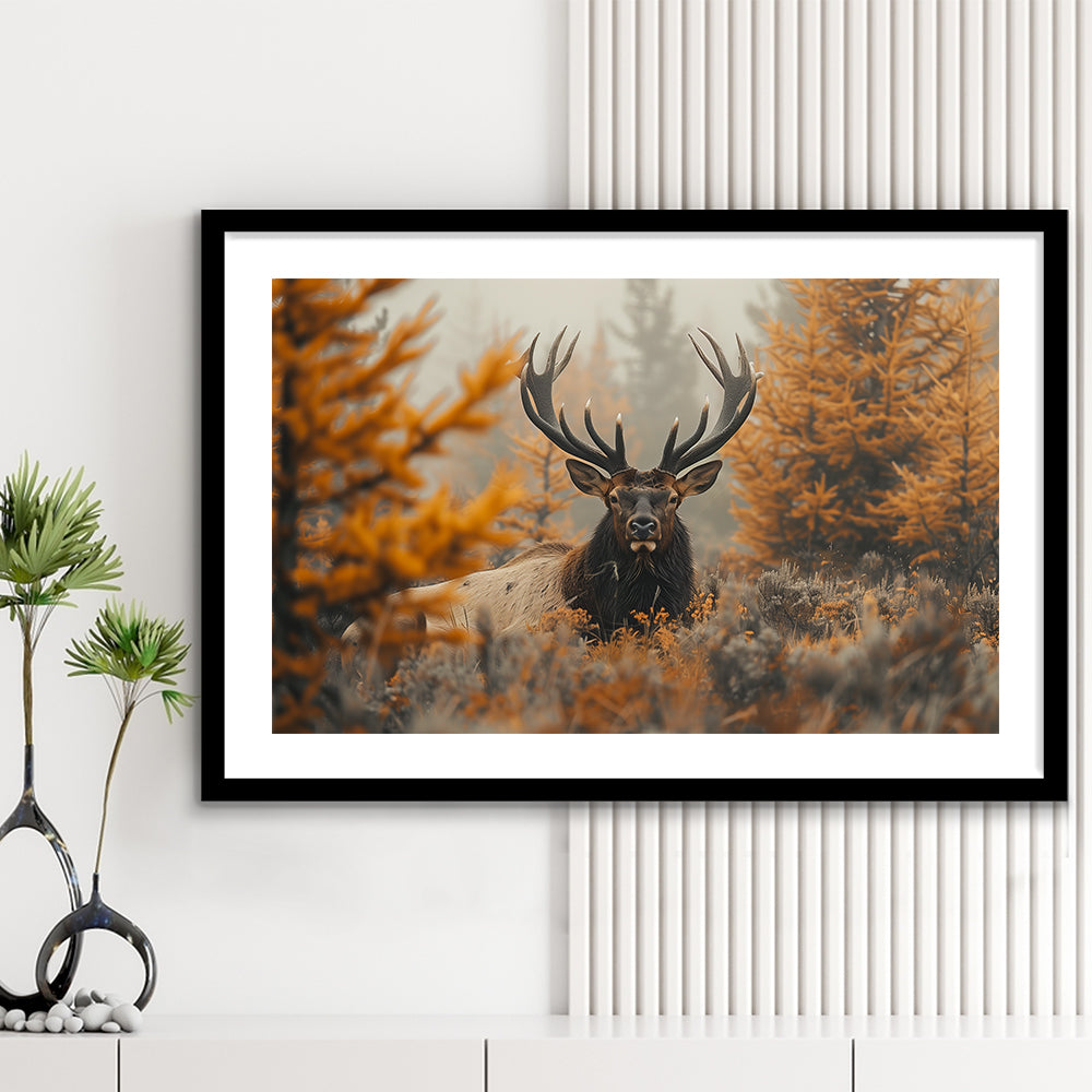 Elk With Antlers Lying In A Dense Autum, Hunting Art Decor, Painting Art, Framed Art Print White Border Wall Decor