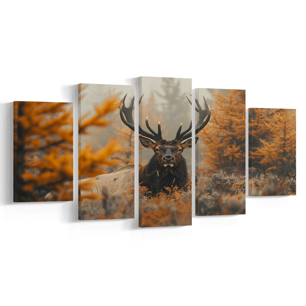 Elk With Antlers Lying In A Dense Autum, Hunting Art Decor, Painting Art, Mixed Panels Canvas Print Wall Art