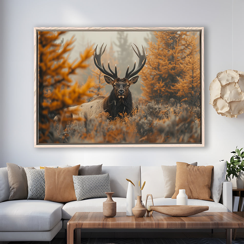 Elk With Antlers Lying In A Dense Autum, Hunting Art Decor, Painting Art, Floating Framed Canvas Print Wall Art