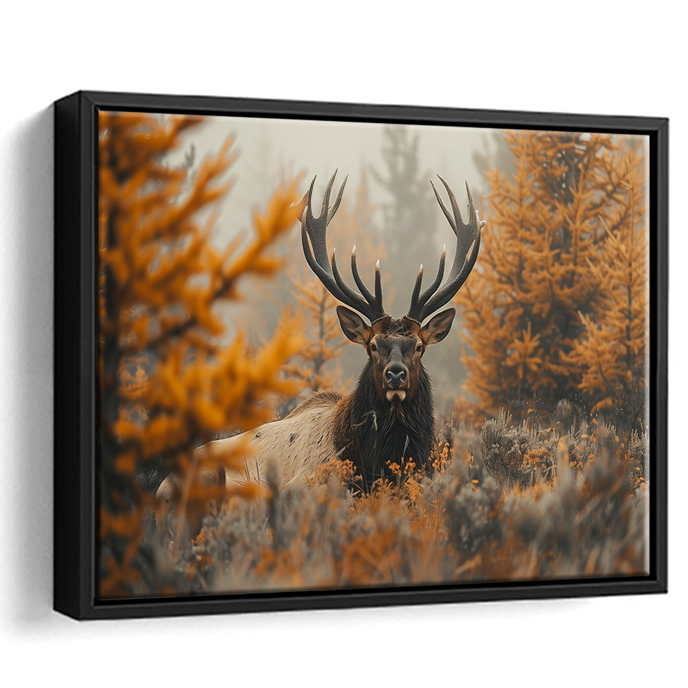 Elk With Antlers Lying In A Dense Autum, Hunting Art Decor, Painting Art, Floating Framed Canvas Print Wall Art