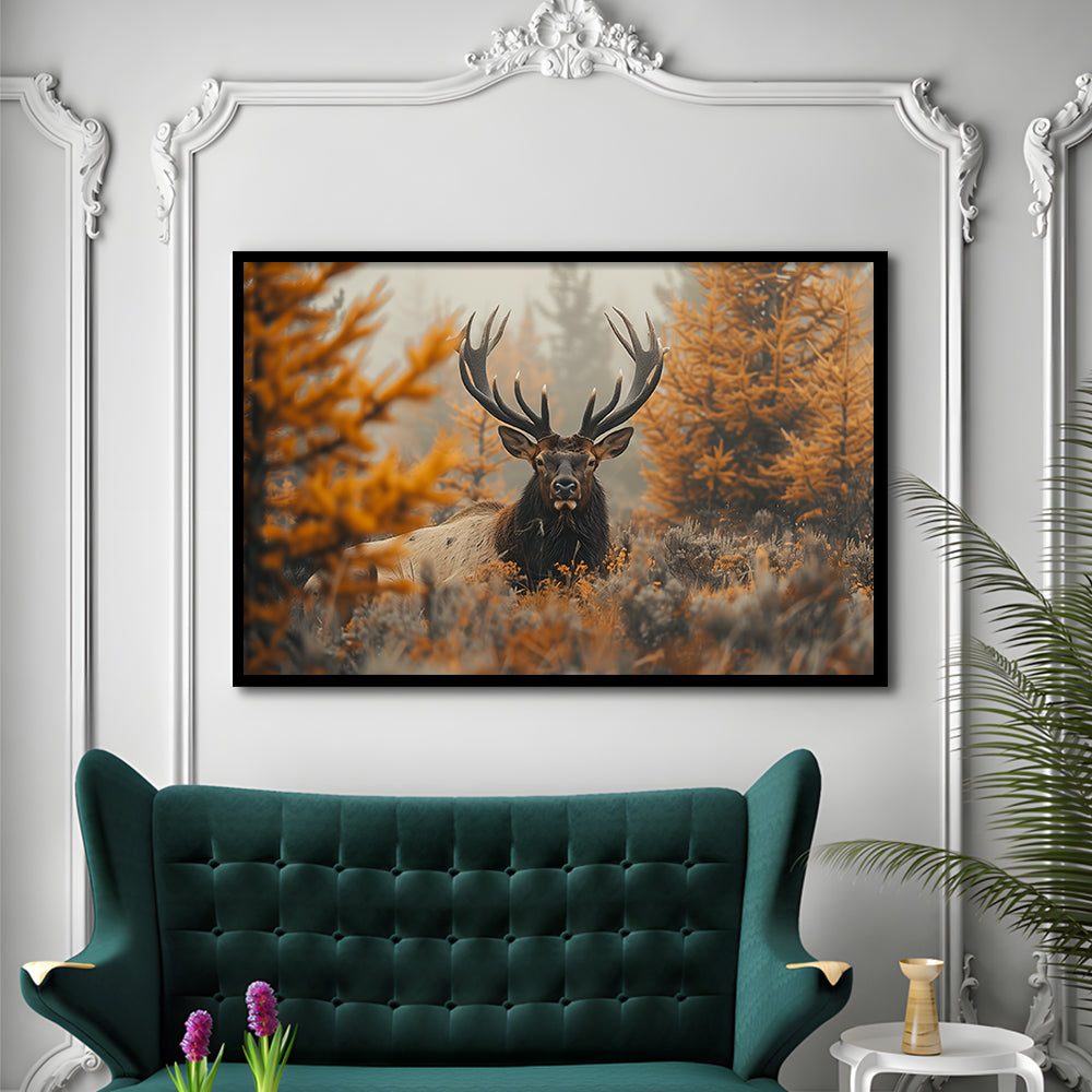 Elk With Antlers Lying In A Dense Autum, Hunting Art Decor, Painting Art, Framed Art Print Wall Decor, Framed Picture