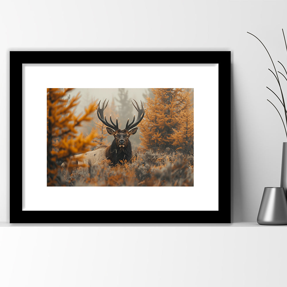Elk With Antlers Lying In A Dense Autum, Hunting Art Decor, Painting Art, Framed Art Print White Border Wall Decor