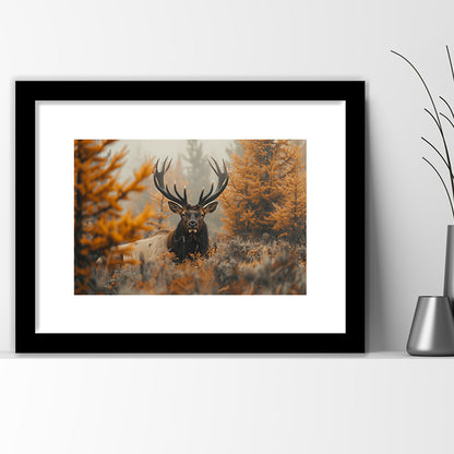 Elk With Antlers Lying In A Dense Autum, Hunting Art Decor, Painting Art, Framed Art Print White Border Wall Decor