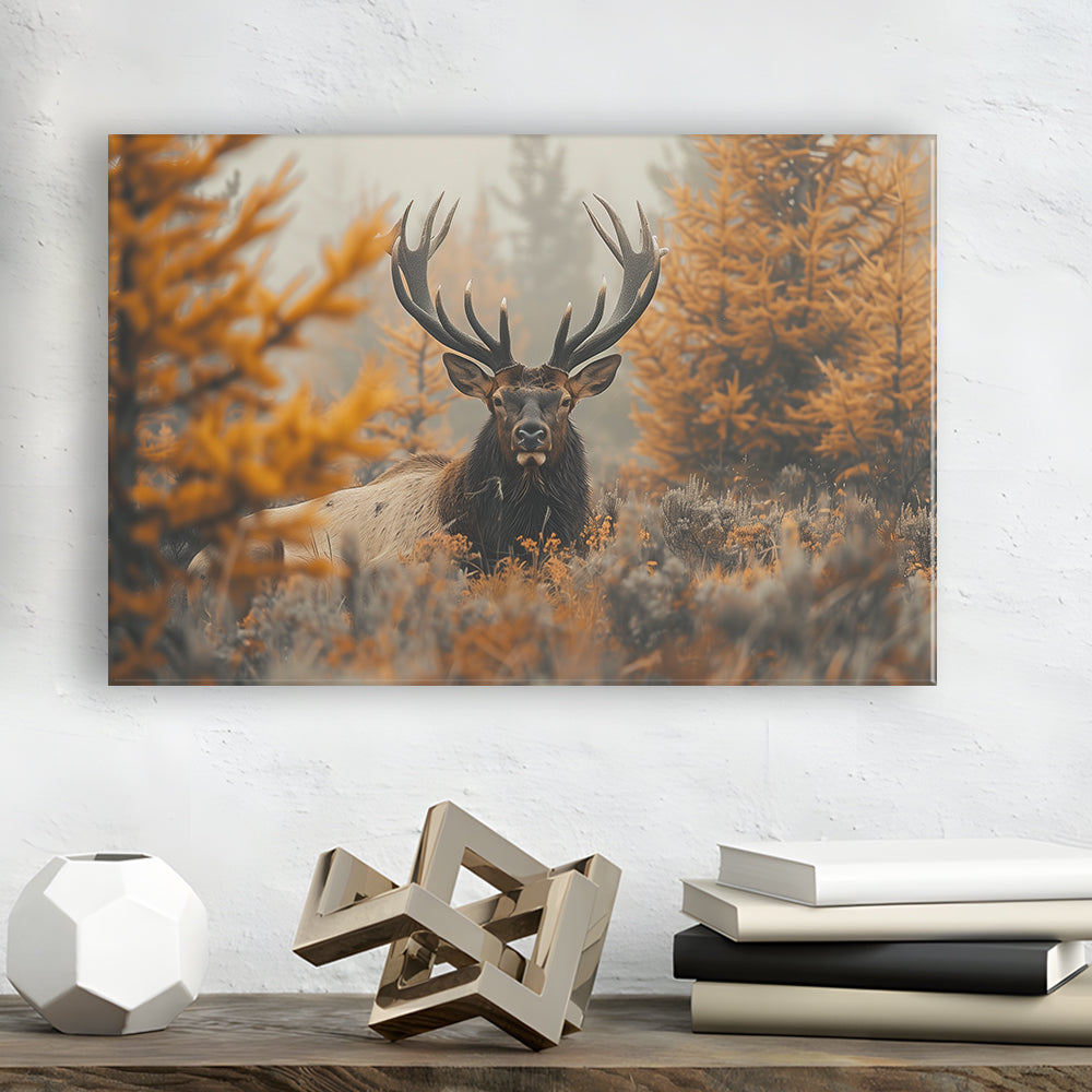 Elk With Antlers Lying In A Dense Autum, Hunting Art Decor, Painting Art, Canvas Print Wall Art Home Decor