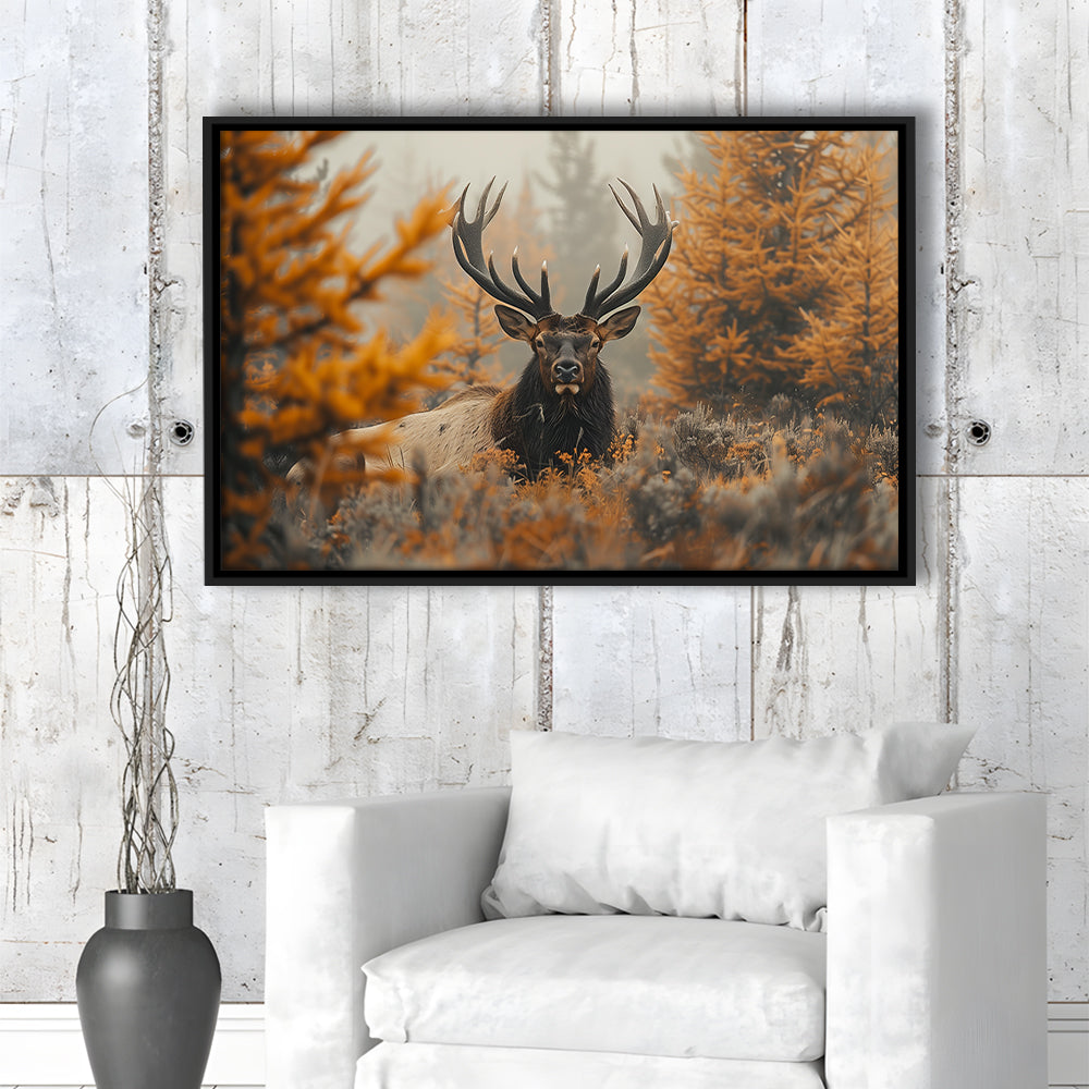 Elk With Antlers Lying In A Dense Autum, Hunting Art Decor, Painting Art, Floating Framed Canvas Print Wall Art