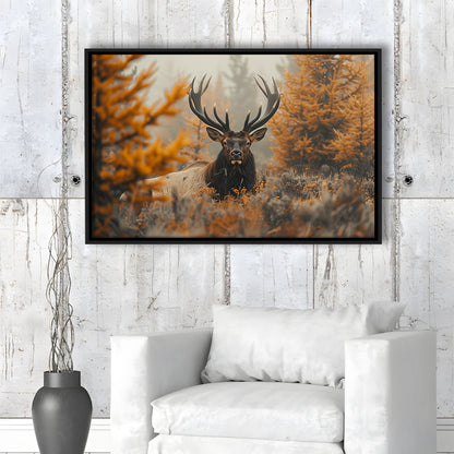 Elk With Antlers Lying In A Dense Autum, Hunting Art Decor, Painting Art, Floating Framed Canvas Print Wall Art